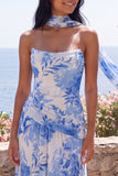 Blue Flower A-Line Strapless Chiffon Maxi Wedding Guest Dress