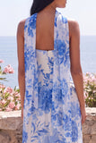 Blue Flower A-Line Strapless Chiffon Maxi Wedding Guest Dress