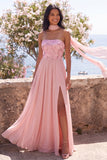 A-Line Strapless Pink Chiffon Maxi Floral Wedding Guest Dress with Slit