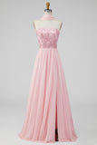 A-Line Strapless Pink Chiffon Maxi Floral Wedding Guest Dress with Slit