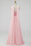 A-Line Strapless Pink Chiffon Maxi Floral Wedding Guest Dress with Slit
