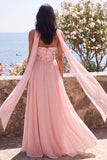 A-Line Strapless Pink Chiffon Maxi Floral Wedding Guest Dress with Slit
