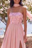 A-Line Strapless Pink Chiffon Maxi Floral Wedding Guest Dress with Slit