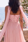 A-Line Strapless Pink Chiffon Maxi Floral Wedding Guest Dress with Slit