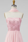 A-Line Strapless Pink Chiffon Maxi Floral Wedding Guest Dress with Slit