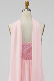 A-Line Strapless Pink Chiffon Maxi Floral Wedding Guest Dress with Slit