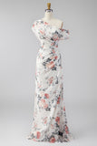 One Shoulder Black Mermaid Floral Ruched Chiffon Long Formal Dress