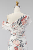 One Shoulder Black Mermaid Floral Ruched Chiffon Long Formal Dress