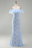 Mermaid Blue Off the Shoulder Ruffled Maxi Floral Wedding Guest Dress with Appliques