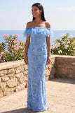 Mermaid Blue Off the Shoulder Ruffled Maxi Floral Wedding Guest Dress with Appliques