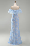 Mermaid Blue Off the Shoulder Ruffled Maxi Floral Wedding Guest Dress with Appliques