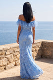 Mermaid Blue Off the Shoulder Ruffled Maxi Floral Wedding Guest Dress with Appliques