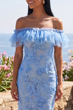 Mermaid Blue Off the Shoulder Ruffled Maxi Floral Wedding Guest Dress with Appliques