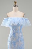 Mermaid Blue Off the Shoulder Ruffled Maxi Floral Wedding Guest Dress with Appliques