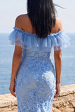 Mermaid Blue Off the Shoulder Ruffled Maxi Floral Wedding Guest Dress with Appliques