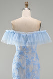 Mermaid Blue Off the Shoulder Ruffled Maxi Floral Wedding Guest Dress with Appliques