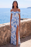 Mermaid Blue Flower Chiffon Off the Shoulder Ruched Maxi Wedding Guest Dress with Slit