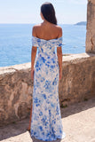 Mermaid Blue Flower Chiffon Off the Shoulder Ruched Maxi Wedding Guest Dress with Slit