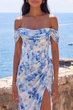 Mermaid Blue Flower Chiffon Off the Shoulder Ruched Maxi Wedding Guest Dress with Slit