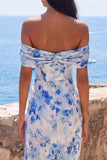 Mermaid Blue Flower Chiffon Off the Shoulder Ruched Maxi Wedding Guest Dress with Slit