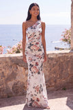 Mermaid Ivory One Shoulder Chiffon Ruched Floral Maxi Wedding Guest Dress