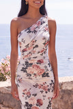 Mermaid Ivory One Shoulder Chiffon Ruched Floral Maxi Wedding Guest Dress