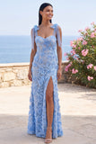 Mermaid Blue Appliqued Floral Maxi Wedding Guest Dress with Bow