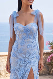 Mermaid Blue Appliqued Floral Maxi Wedding Guest Dress with Bow