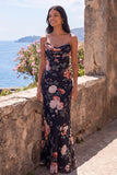 Black Mermaid Floral Ruched Spaghetti Straps Chiffon Long Formal Dress