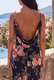 Black Mermaid Floral Ruched Spaghetti Straps Chiffon Long Formal Dress