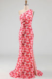 Pink Mermaid One Shoulder Chiffon Floral Maxi Wedding Guest Dress