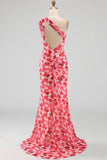 Pink Mermaid One Shoulder Chiffon Floral Maxi Wedding Guest Dress