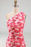 Pink Mermaid One Shoulder Chiffon Floral Maxi Wedding Guest Dress
