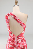 Pink Mermaid One Shoulder Chiffon Floral Maxi Wedding Guest Dress