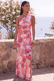 Pink Mermaid One Shoulder Chiffon Floral Maxi Wedding Guest Dress
