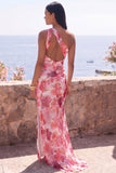 Pink Mermaid One Shoulder Chiffon Floral Maxi Wedding Guest Dress