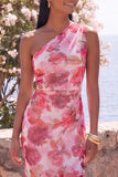 Pink Mermaid One Shoulder Chiffon Floral Maxi Wedding Guest Dress