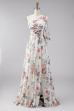Ivory A-Line One Shoulder Chiffon Ruched Floral Maxi Wedding Guest Dress with Slit