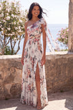 Ivory A-Line One Shoulder Chiffon Ruched Floral Maxi Wedding Guest Dress with Slit