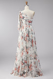 Ivory A-Line One Shoulder Chiffon Ruched Floral Maxi Wedding Guest Dress with Slit