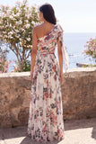 Ivory A-Line One Shoulder Chiffon Ruched Floral Maxi Wedding Guest Dress with Slit