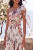 Ivory A-Line One Shoulder Chiffon Ruched Floral Maxi Wedding Guest Dress with Slit