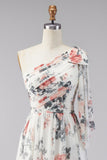 Ivory A-Line One Shoulder Chiffon Ruched Floral Maxi Wedding Guest Dress with Slit