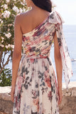 Ivory A-Line One Shoulder Chiffon Ruched Floral Maxi Wedding Guest Dress with Slit
