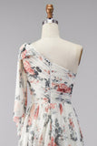 Ivory A-Line One Shoulder Chiffon Ruched Floral Maxi Wedding Guest Dress with Slit