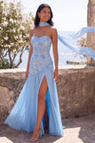 Chiffon Blue A-Line Sweetheart Floral Maxi Wedding Guest Dress with Slit