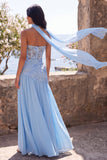 Chiffon Blue A-Line Sweetheart Floral Maxi Wedding Guest Dress with Slit