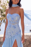 Chiffon Blue A-Line Sweetheart Floral Maxi Wedding Guest Dress with Slit