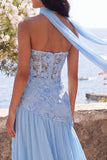Chiffon Blue A-Line Sweetheart Floral Maxi Wedding Guest Dress with Slit
