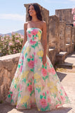 Daffodil Pink Flower A-Line Strapless Maxi Wedding Guest Dress